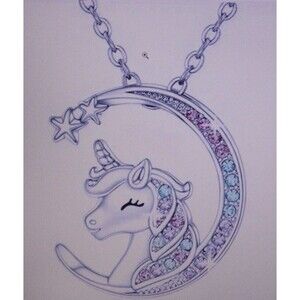 Unicorn In Moon Colorful Rhinestone Pendant Necklace Silver 20"  Girls Jewelry